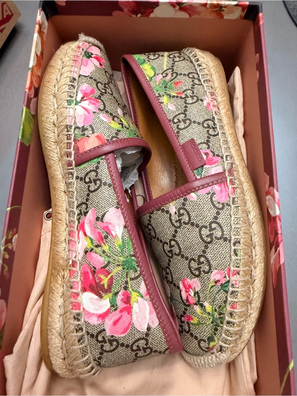 Gucci Floral GG Canvas Espadrilles in Pink and Brown Trim